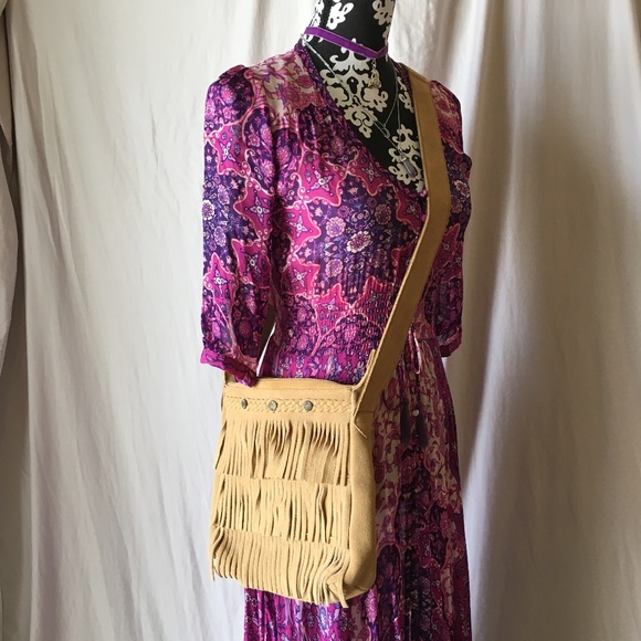 Minnetonka Camel Suede Fringe Mid-Size Crossbody Bag with Bronze Medallions - Picture 2 of 15